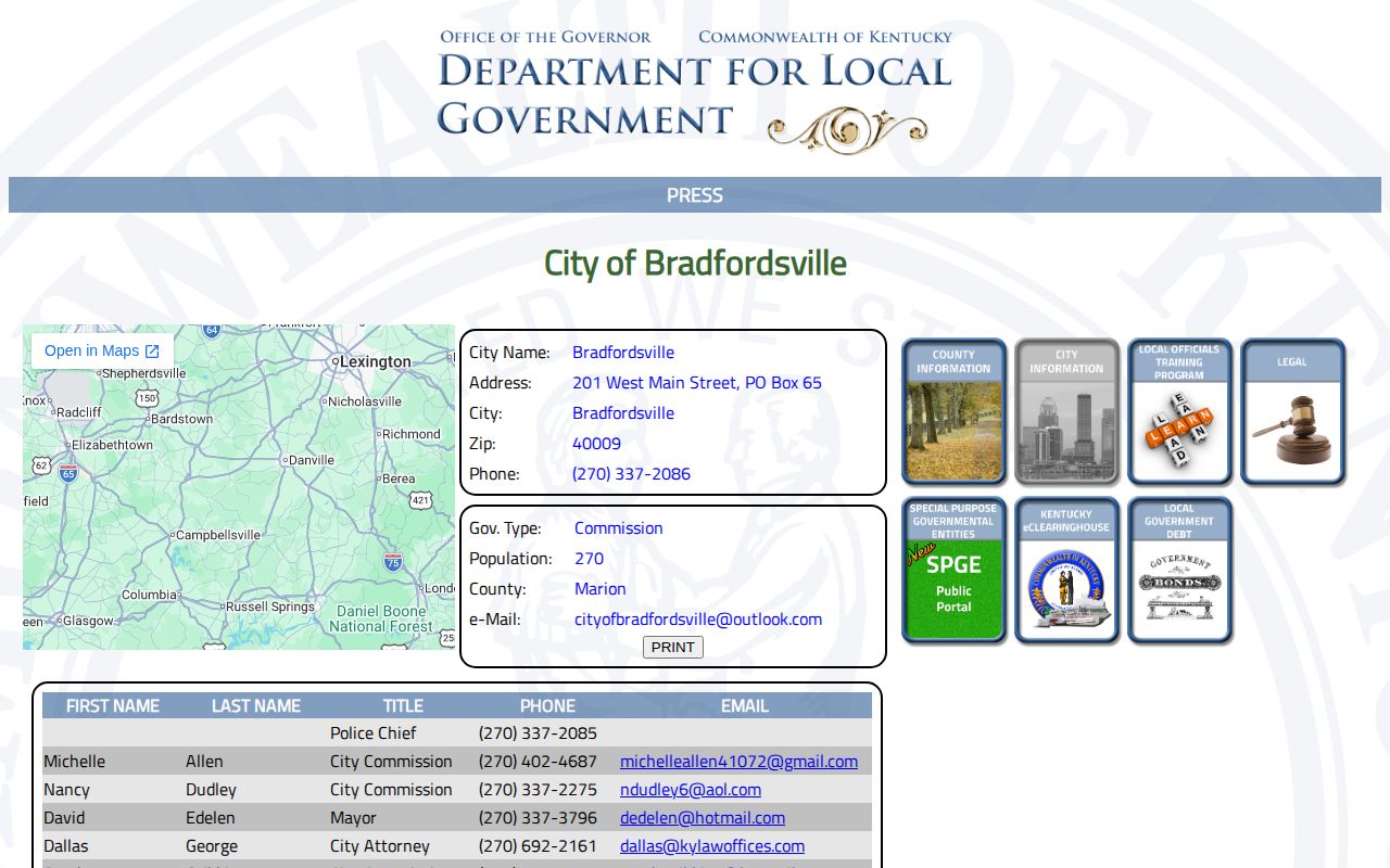 Bradfordsville Kentucky official profile for busted arrest record routing