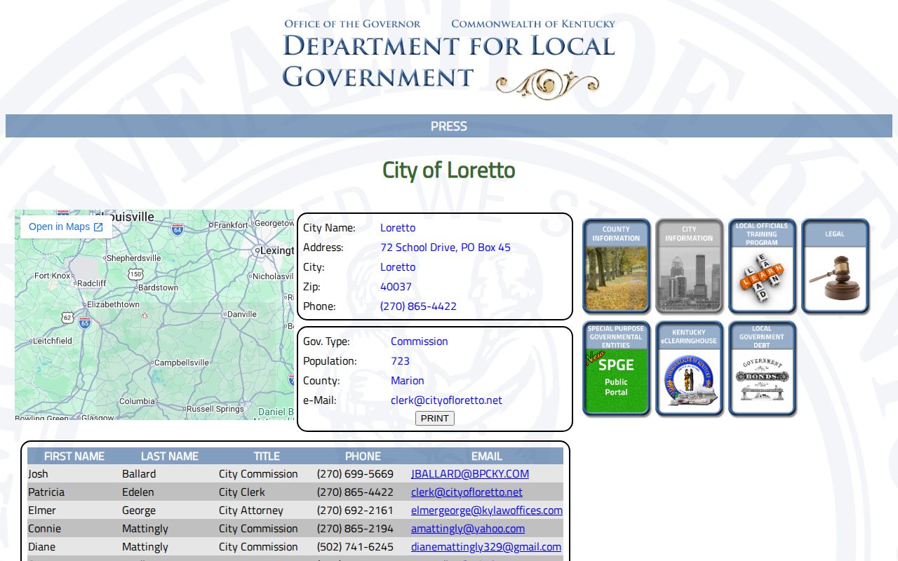 Loretto Kentucky official city profile for arrest records routing